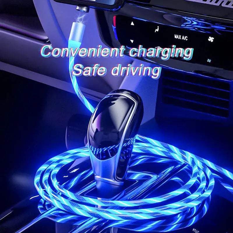 INELECTRON™ magnetic fast charger with glowing LED tip plugged into a smartphone during nighttime charging