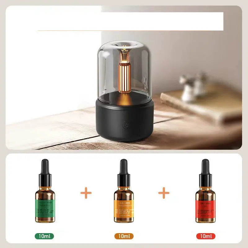 Creative candle light-style aroma diffuser in beige and black with 120ml tank – USB-powered for home aromatherapy and humidification