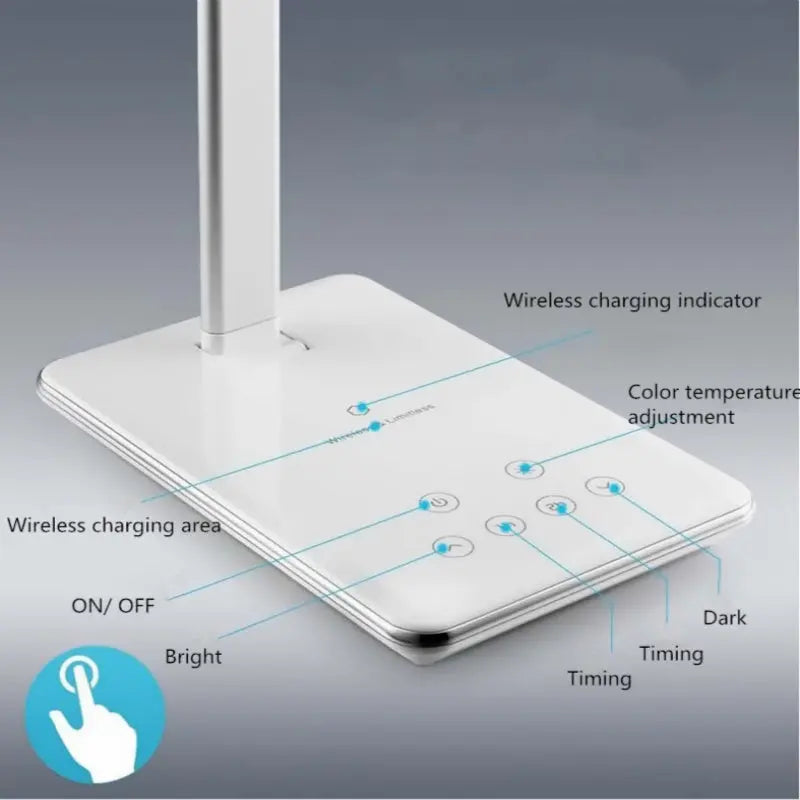 LED folding desk lamp with wireless charging for Huawei & Apple devices, adjustable color temperature, and touch control functionality