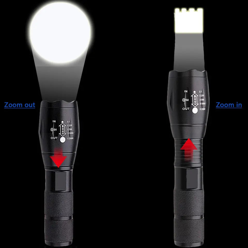 Rechargeable strong light flashlight with optical convex lens, telescopic focus, 5 light modes, and waterproof design, perfect for self-defense, camping, and outdoor use