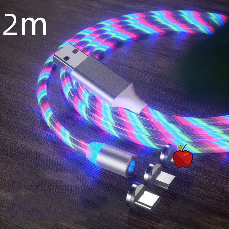 Magnetic charging cable with LED light, nylon braided, 3-in-1 USB connector for Type-C, Micro USB, and Lightning devices