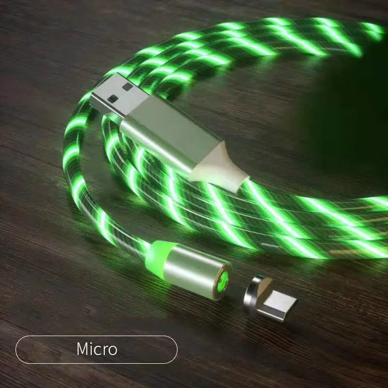 Magnetic charging cable with LED light, nylon braided, 3-in-1 USB connector for Micro USB and Lightning devices