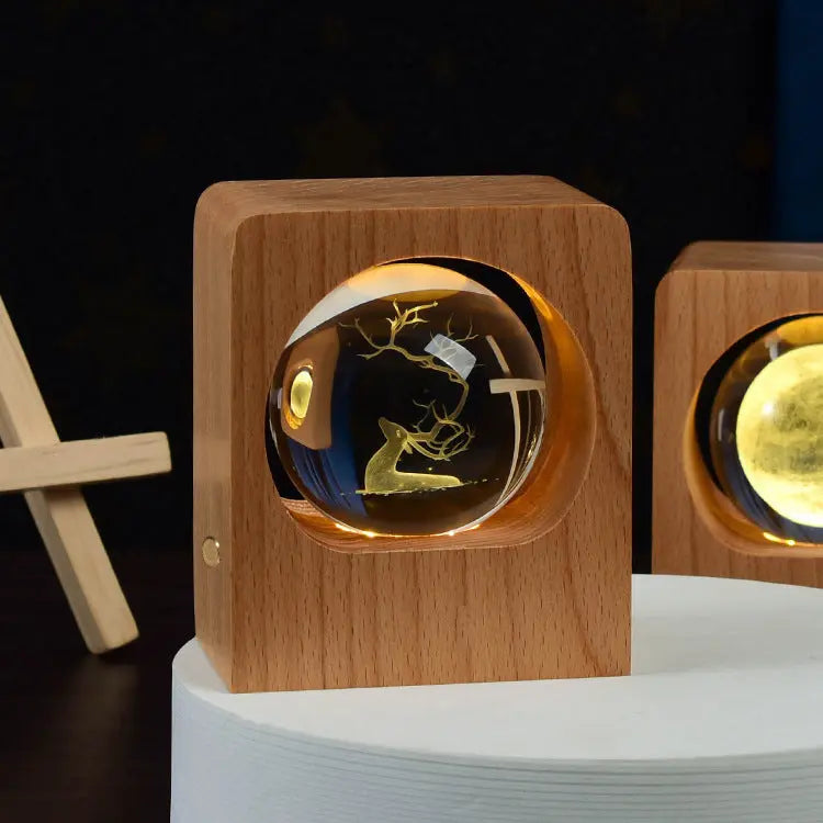Beech Crystal Ball Night Light with 3D Laser Engraving of Elk and Jellyfish, USB Dimmable Lamp for Bedroom Decoration