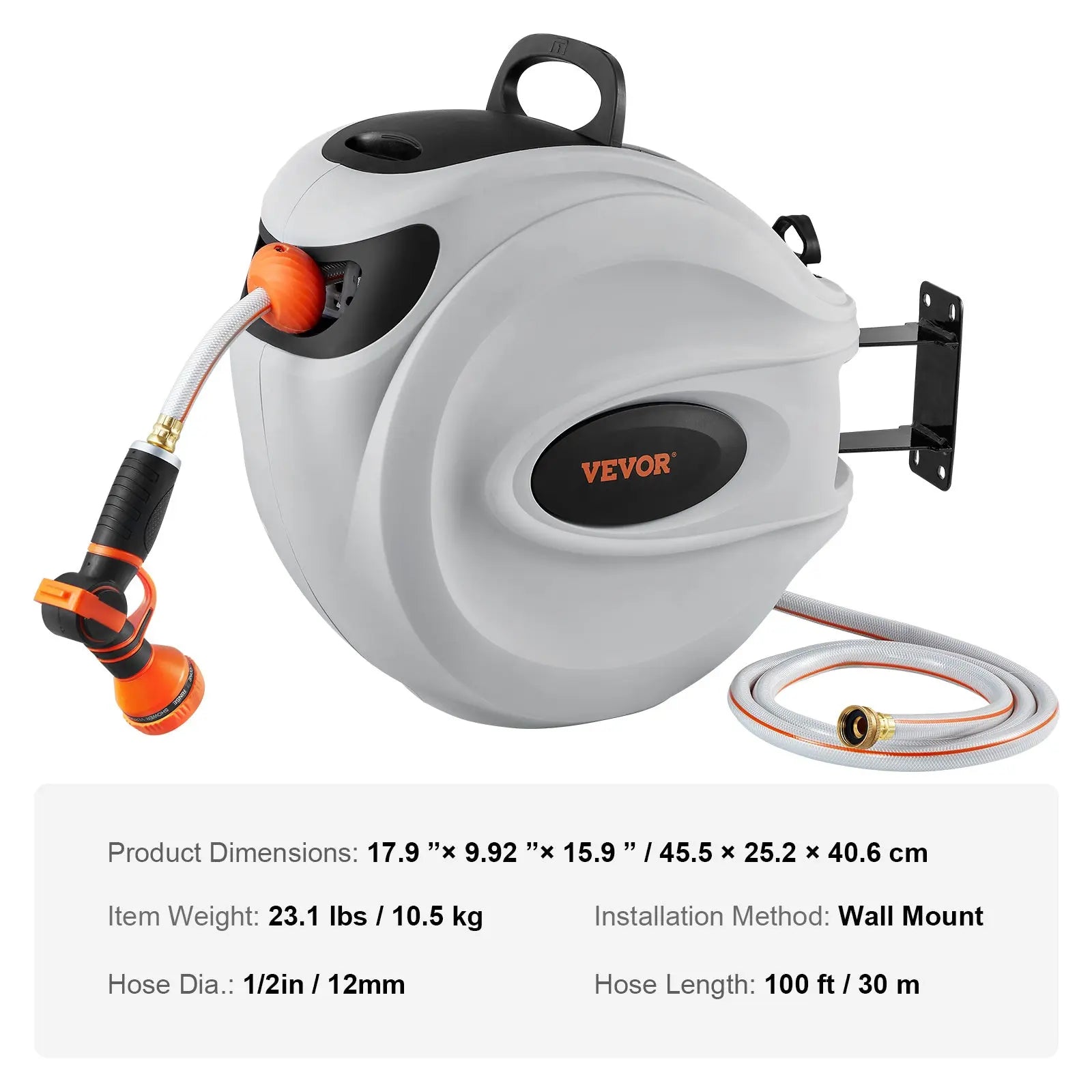 VEVOR Retractable Hose Reel with 9-Pattern Nozzle and Automatic Rewind, Wall-Mounted Garden Hose with Slow Return System