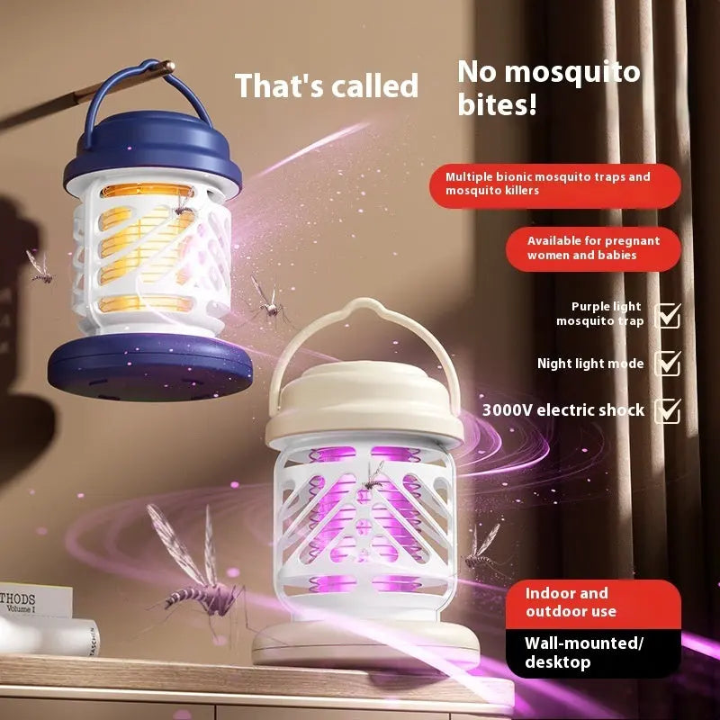 Rechargeable outdoor mosquito killing lamp in beige, white, and blue – compact bug zapper for patios and camping use