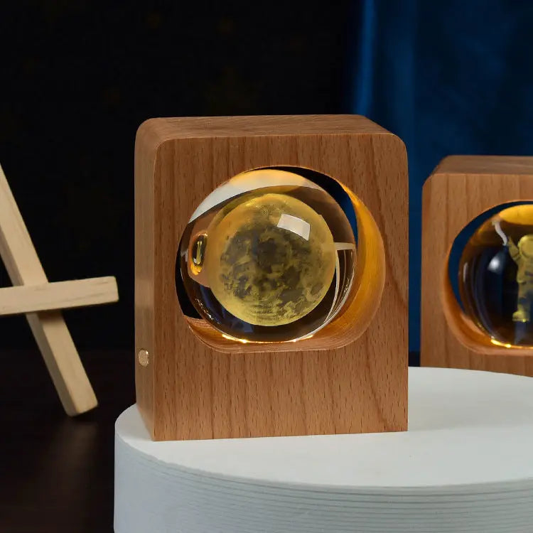 Beech Crystal Ball Night Light with 3D Laser Engraving of Elk and Jellyfish, USB Dimmable Lamp for Bedroom Decoration