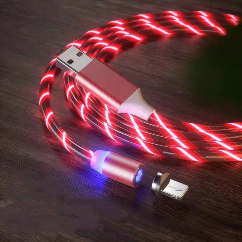 Magnetic charging cable with LED light, nylon braided, 3-in-1 USB connector for Type-C, Micro USB, and Lightning devices