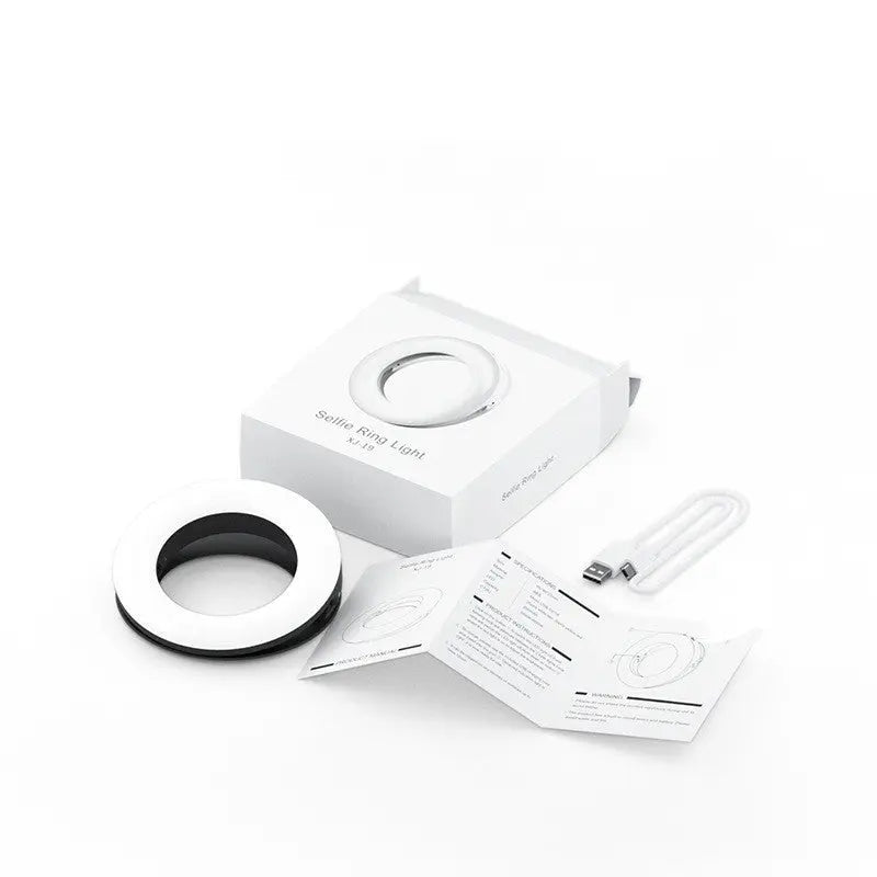 LED selfie ring light with adjustable brightness, compact design, rechargeable battery, perfect for photography, video, and live streaming