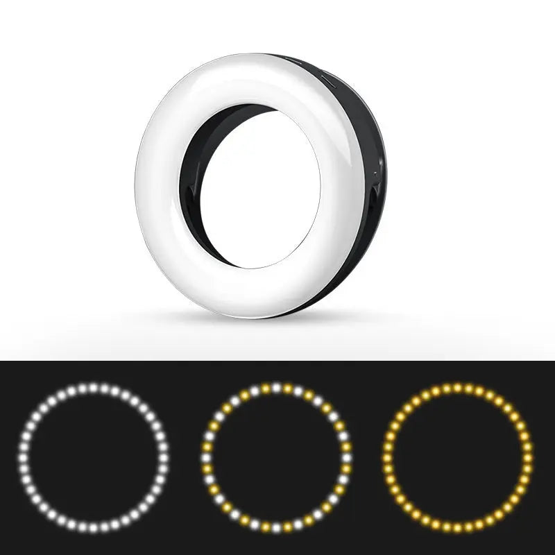 LED selfie ring light with adjustable brightness, compact design, rechargeable battery, perfect for photography, video, and live streaming