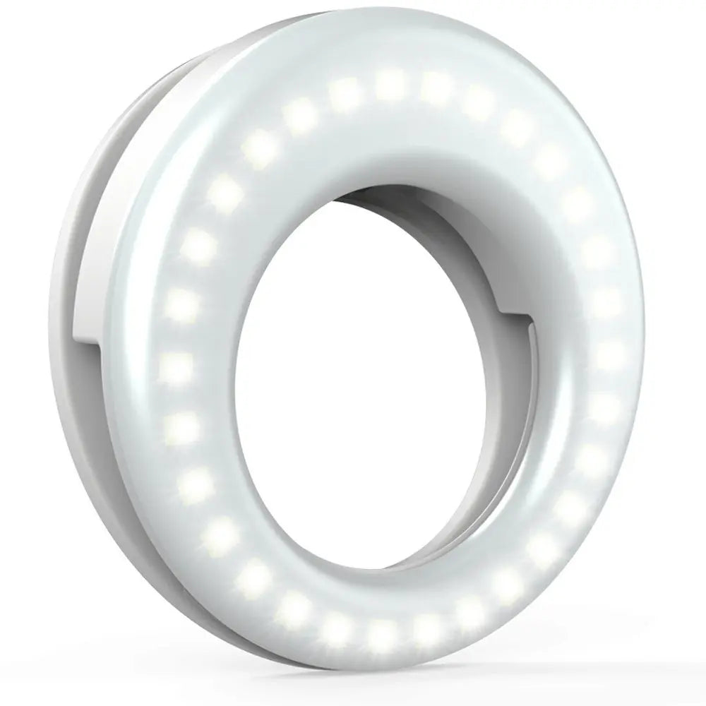 LED selfie ring light with adjustable brightness, compact design, rechargeable battery, perfect for photography, video, and live streaming