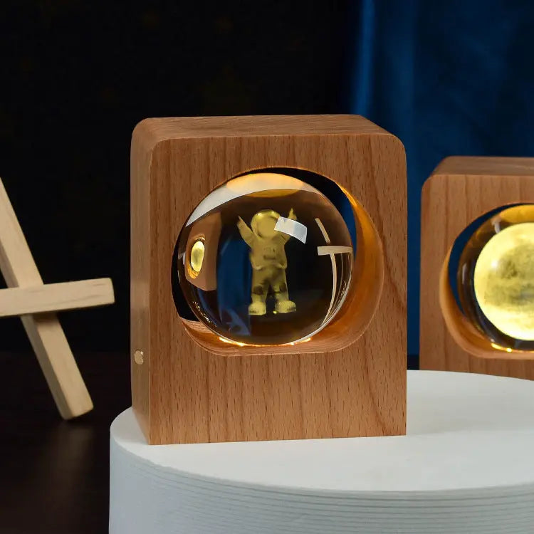 Beech Crystal Ball Night Light with 3D Laser Engraving of Elk and Jellyfish, USB Dimmable Lamp for Bedroom Decoration