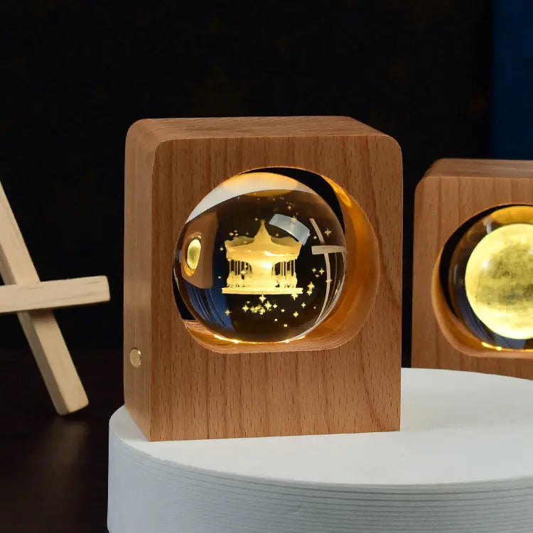 Beech Crystal Ball Night Light with 3D Laser Engraving of Elk and Jellyfish, USB Dimmable Lamp for Bedroom Decoration