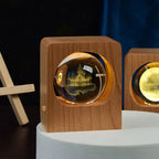 Beech Crystal Ball Night Light with 3D Laser Engraving of Elk and Jellyfish, USB Dimmable Lamp for Bedroom Decoration