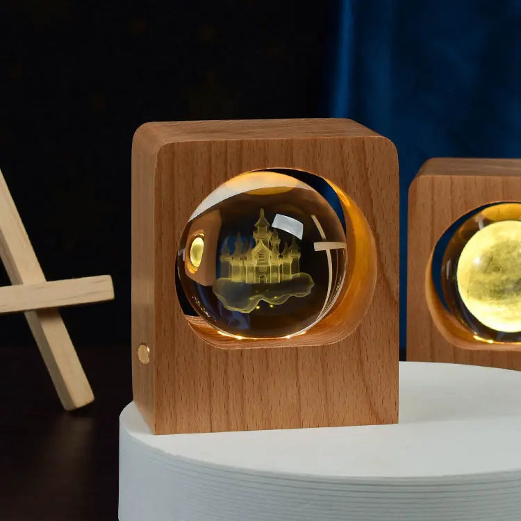 Beech Crystal Ball Night Light with 3D Laser Engraving of Elk and Jellyfish, USB Dimmable Lamp for Bedroom Decoration