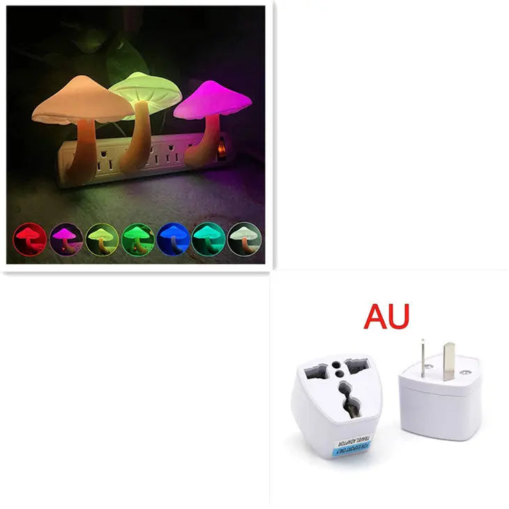 LED mushroom night light with light-control sensor, warm yellow light, EU US plug for bedroom, bathroom, and home decor