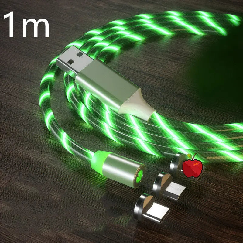 Magnetic charging cable with LED light, nylon braided, 3-in-1 USB connector for Type-C, Micro USB, and Lightning devices