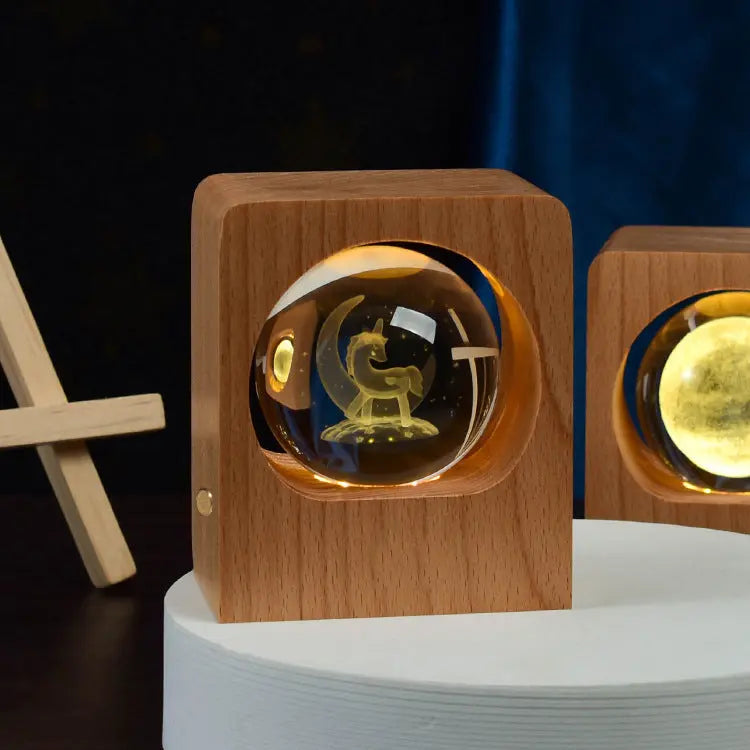 Beech Crystal Ball Night Light with 3D Laser Engraving of Elk and Jellyfish, USB Dimmable Lamp for Bedroom Decoration
