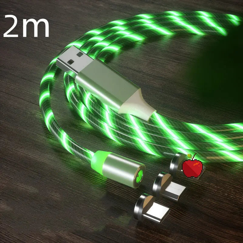 Magnetic charging cable with LED light, nylon braided, 3-in-1 USB connector for Type-C, Micro USB, and Lightning devices